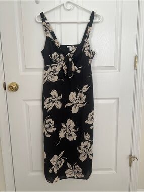 Amuse Society Black Midi Dress with Cream Floral Tie-Front